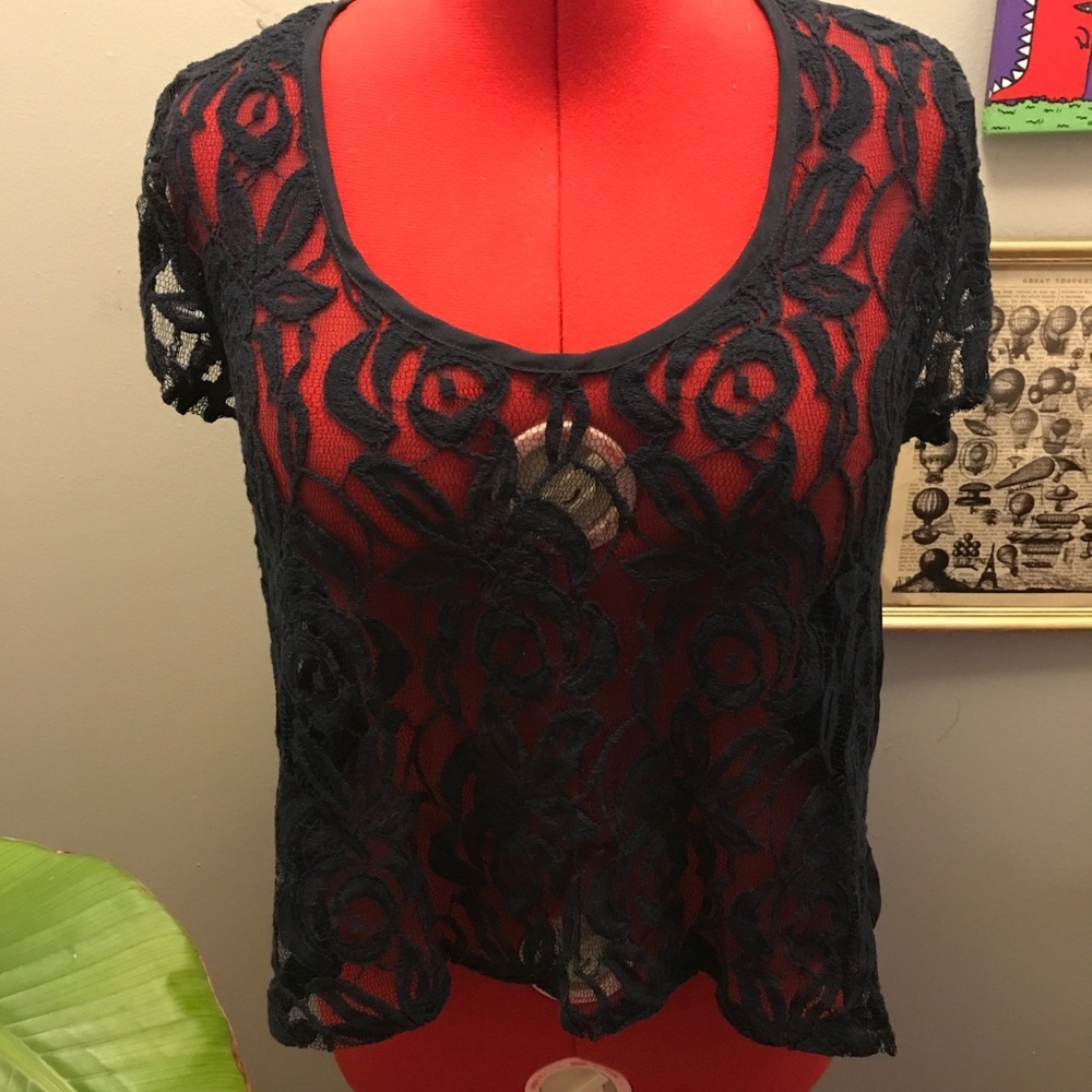 Sheer crochet high/low navy top, zip back
